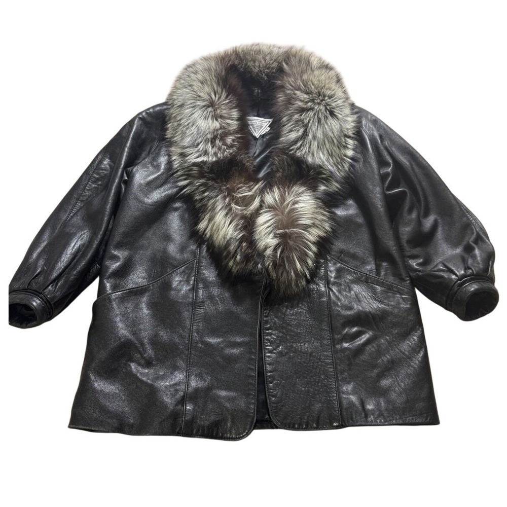 J. Percy for Marvin Richards Leather Jacket Womens S Black Fox Fur Good Vintage